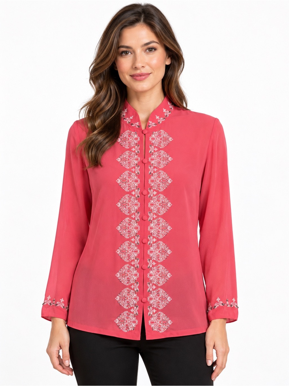 Yi Lin 100% Silk Blouse Size S Coral Pink Embroidered Beaded Mandarin Collar NWT